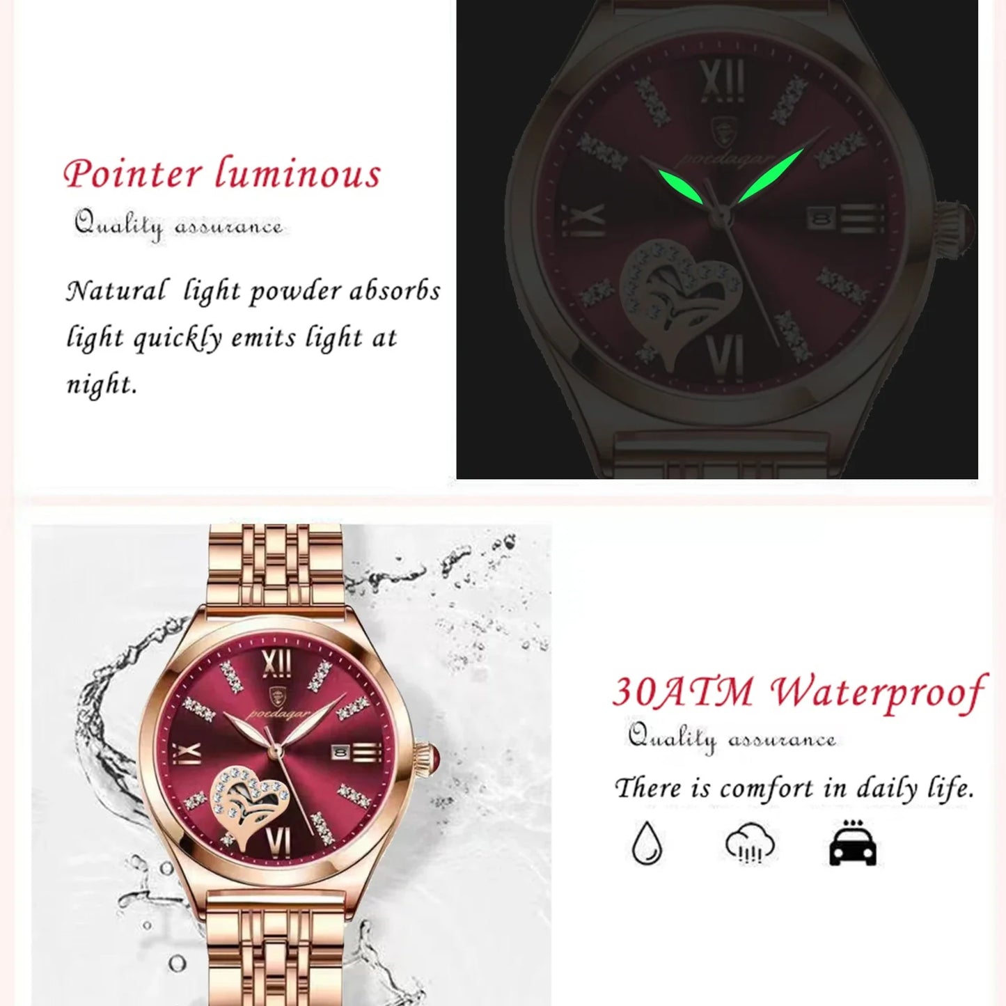 POEDAGAR Orologi di lusso da donna Orologio da donna impermeabile con data luminosa in acciaio inossidabile Orologio da polso da donna al quarzo alla moda elegante