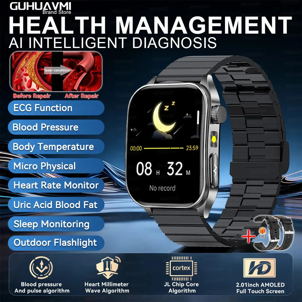 2026 Nuovo 650nm Terapia Laser Grassi nel sangue Acido urico Pressione sanguigna Smart Watch ECG + PPG Preciso Monitor di salute Smartwatch per gli uomini