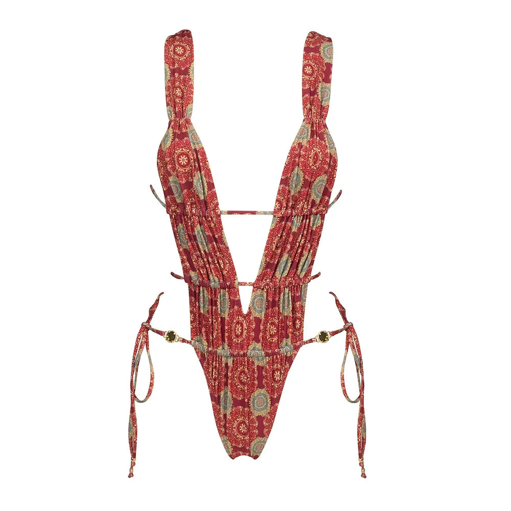 2025 Nuove stampe retrò scava fuori costume intero donna sexy costumi da bagno con lacci tropicale estate beachwear costume da bagno tuta