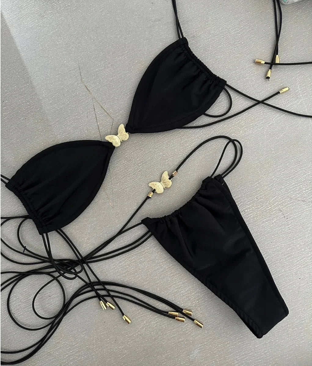 Bikini sexy 2024 Costume da bagno per donna Costumi da bagno a farfalla Bikini brasiliano Set Biquini Costumi da bagno femminili Costumi da bagno neri a fascia