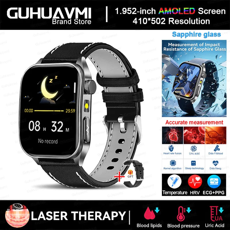 2025 Trattamento laser Tre Smartwatch alti 1.95 "Schermo curvo in zaffiro ECG + PPG Grasso nel sangue Acido urico Diagnosi salute Smartwatch