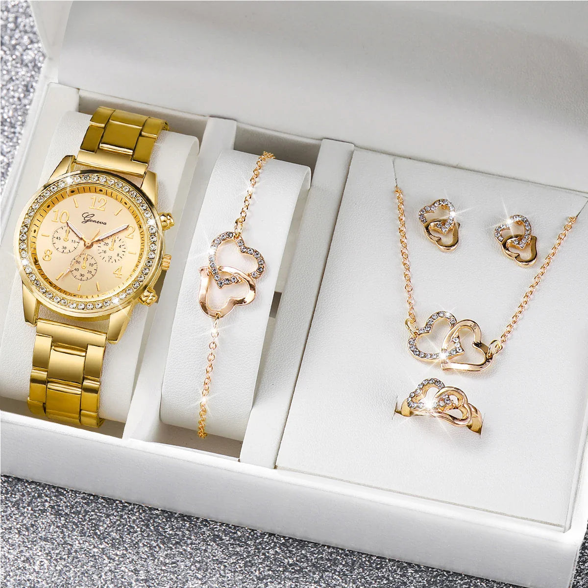 6 pezzi/set orologio da donna moda strass cinturino in acciaio inossidabile orologio al quarzo doppio cuore set di gioielli (senza scatola)