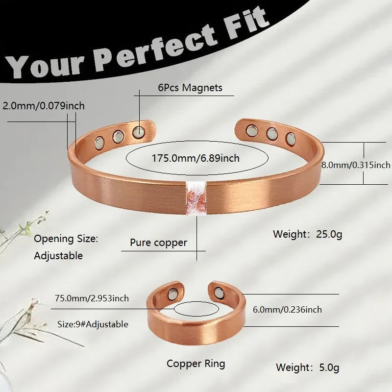 Set Bracciali e anelli in rame puro per donna Uomo Polsino semplice Braccialetti magnetici Artrite Salute Gioielli in rame massiccio