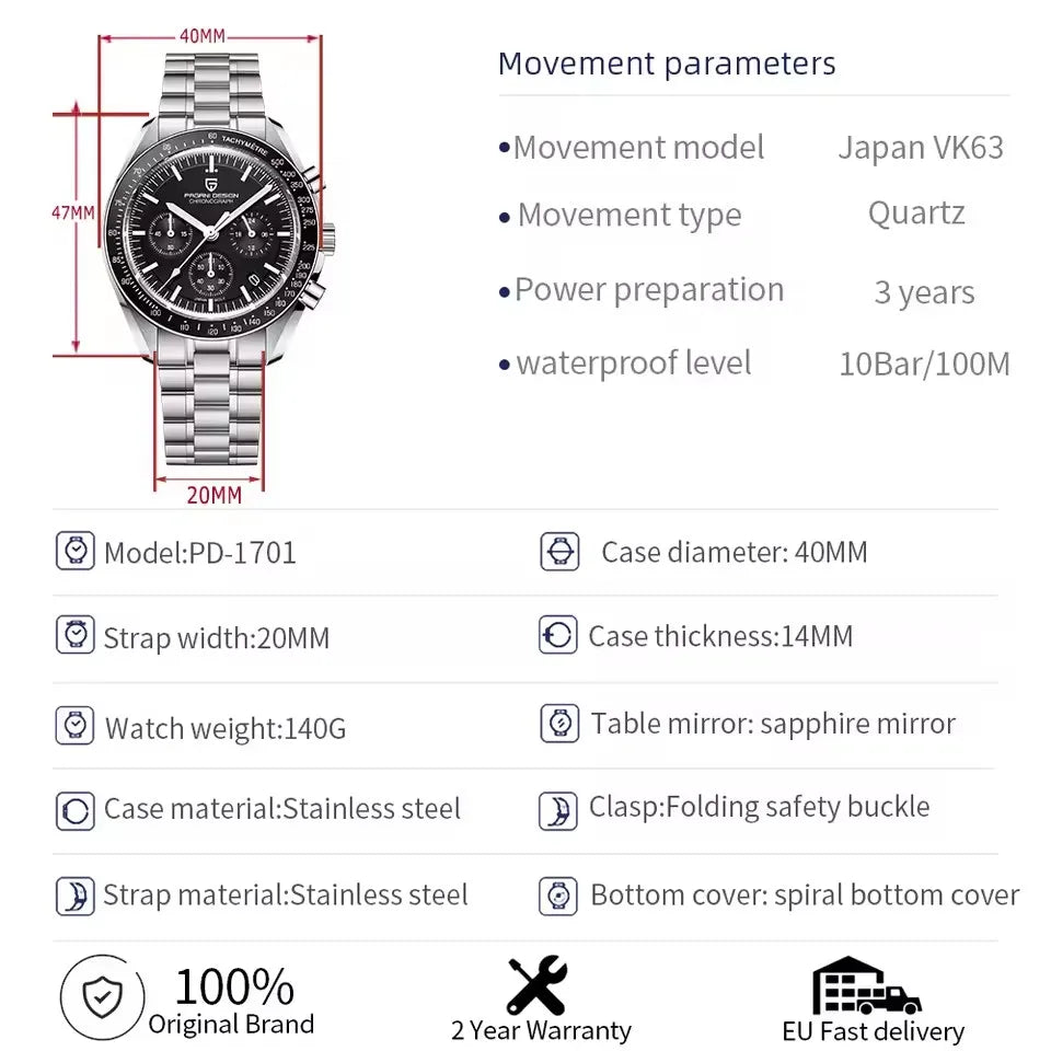 PAGANI DESIGN 500 Orologio da Uomo di Lusso con Cronografo Sportivo, Quadrante Tondo, Vetro Zaffiro AR, Movimento Giapponese, Acciaio 316L, Luminoso