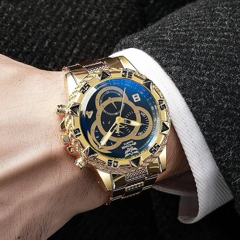 Orologio al quarzo da uomo di lusso Orologio da polso da uomo d'affari classico Quadrante grande Striscia di acciaio legato Orologio al quarzo da uomo a tre occhi con luce blu