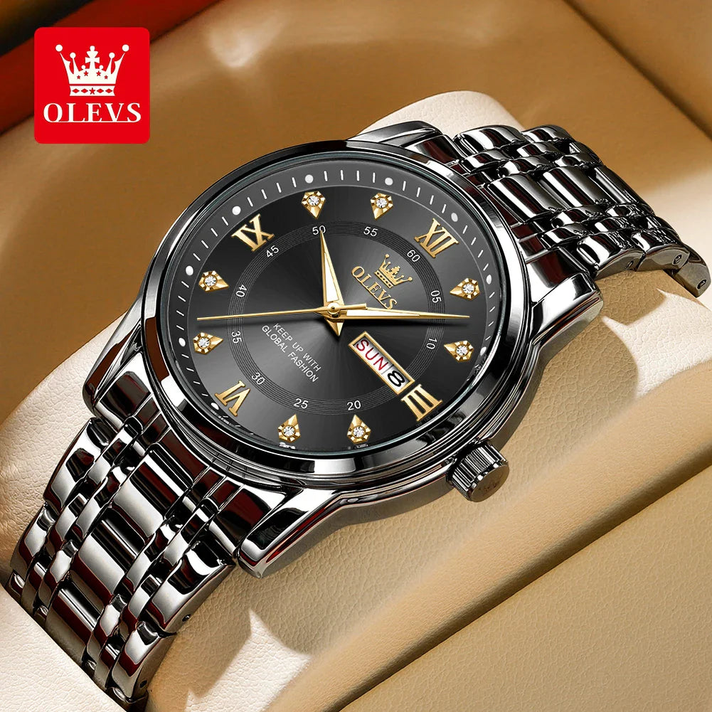 OLEVS 5513 Orologio da uomo Orologio luminoso impermeabile al quarzo originale di marca di moda per uomo Scatola per orologio con doppio calendario in acciaio inossidabile