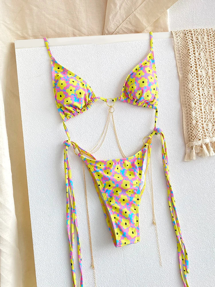 Catene a triangolo sexy Set bikini Micro perizoma Costume da bagno donna Costume da bagno Biquini Fasciatura Costumi da bagno Stampa Costumi da bagno Perizoma Bikini