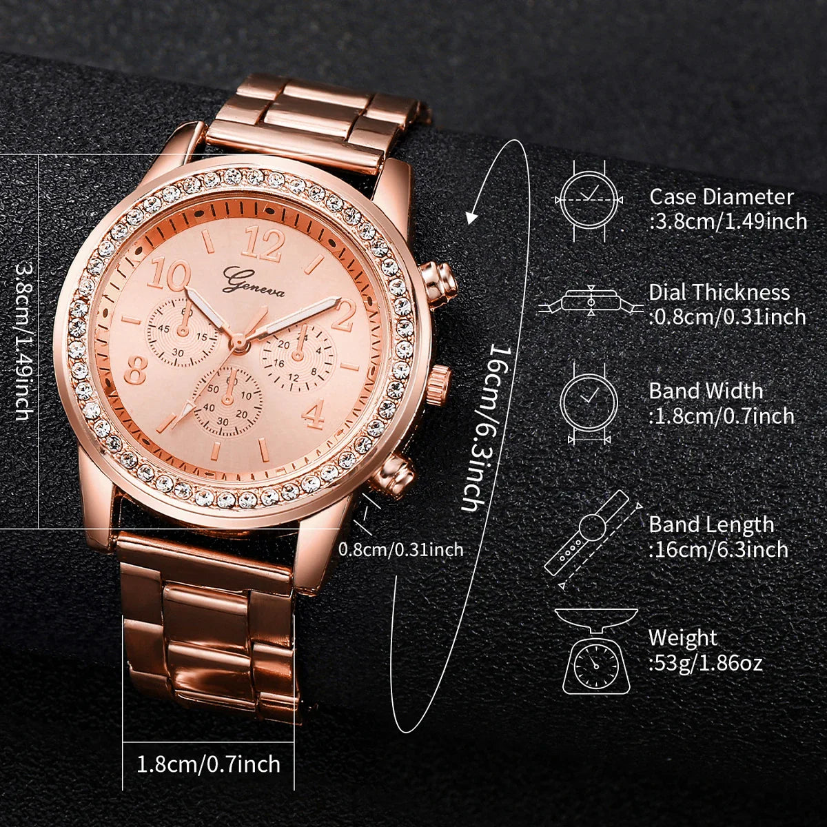 6 pezzi/set orologio da donna moda strass cinturino in acciaio inossidabile orologio al quarzo doppio cuore set di gioielli (senza scatola)