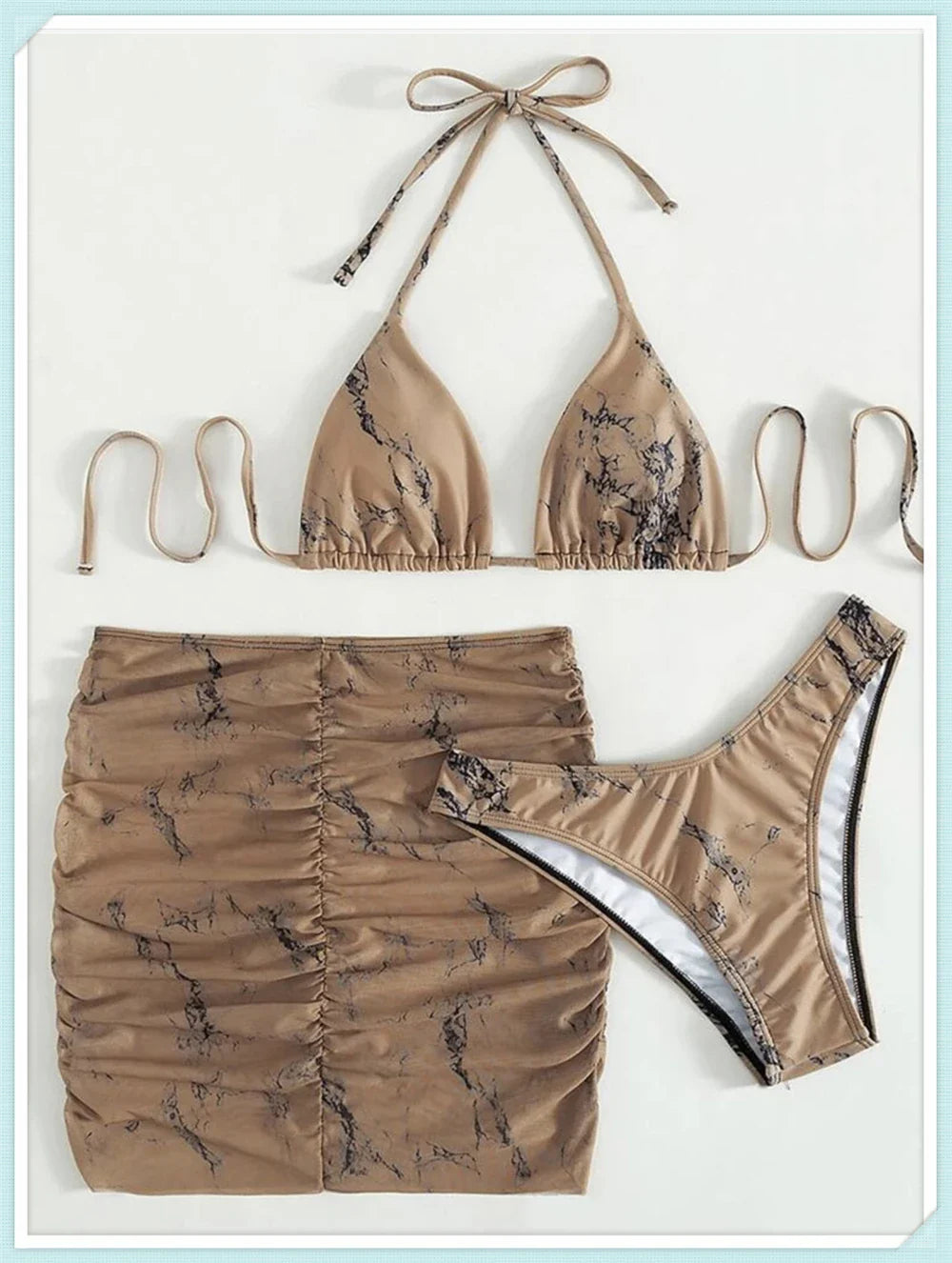 3 pezzi perizoma Bikini con gonna marmo texture costume da bagno donna costume da bagno Set costumi da bagno femminili abbigliamento da spiaggia nuoto estate
