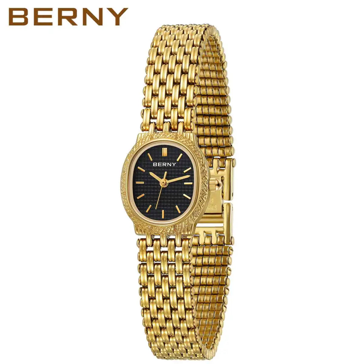 BERNY Orologio al quarzo da donna Cinturino in acciaio inossidabile dorato Orologio da polso ellittico di lusso Orologio da donna semplice retrò impermeabile