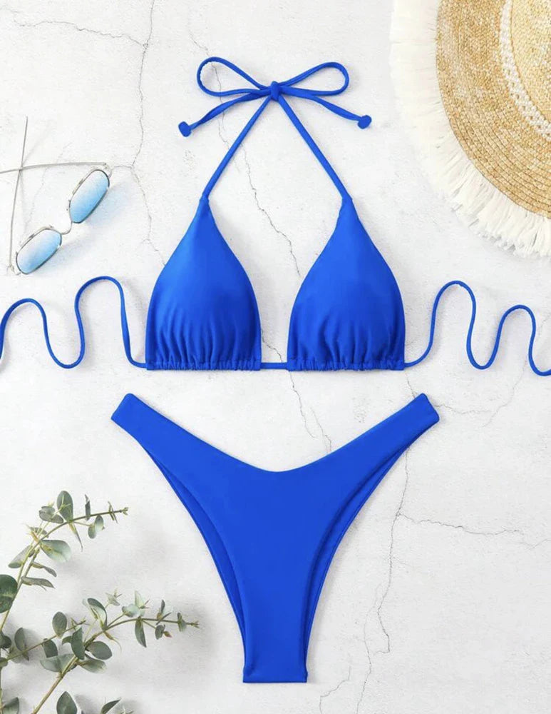 Costume da bagno bikini a perizoma da donna sexy, tinta unita bianco/nero/caffè, con laccetti, stile brasiliano, nuovo, in doppio tessuto, per la spiaggia