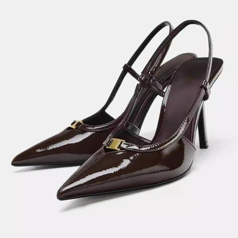 2026 Fashion Metal Decoration Stiletto Pumps Women Luxury Patent Leather Pointed Toe High Heels Sexy Slingback Designer Shoes