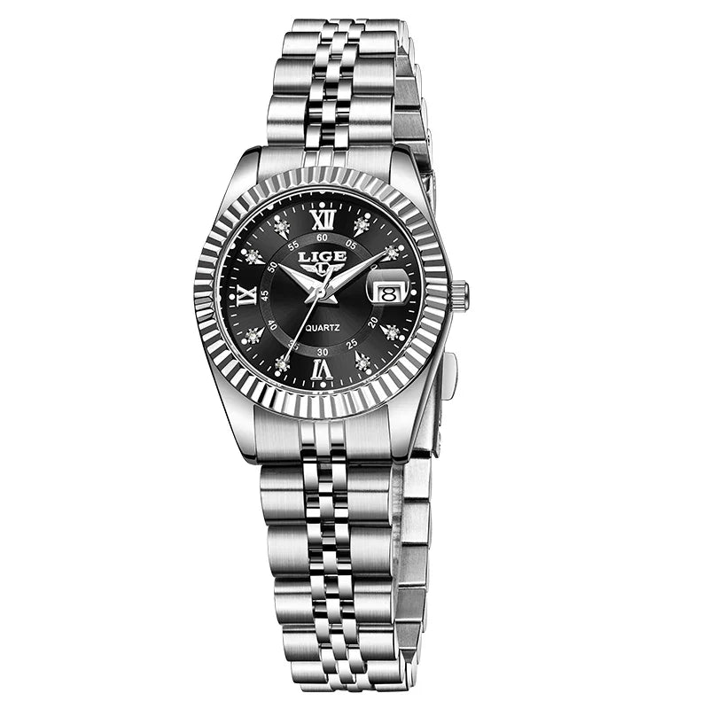 Orologio da Polso LIGE di Lusso con Strass per Donna, Cinturino in Acciaio Inossidabile, Movimento al Quarzo, Regalo, Reloj Mujer