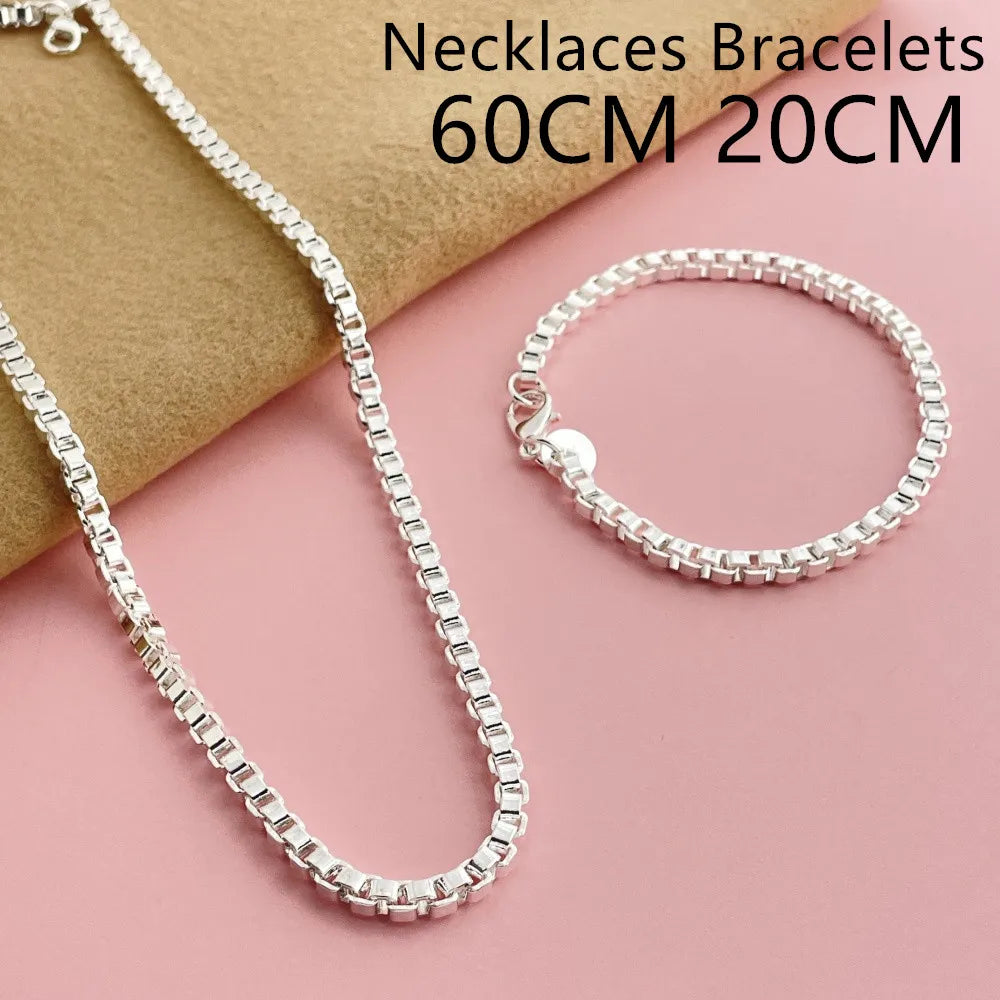 Andara Set di collana e bracciale a catena quadrata in argento sterling 925 da 4 mm per gioielli da festa per uomini e donne