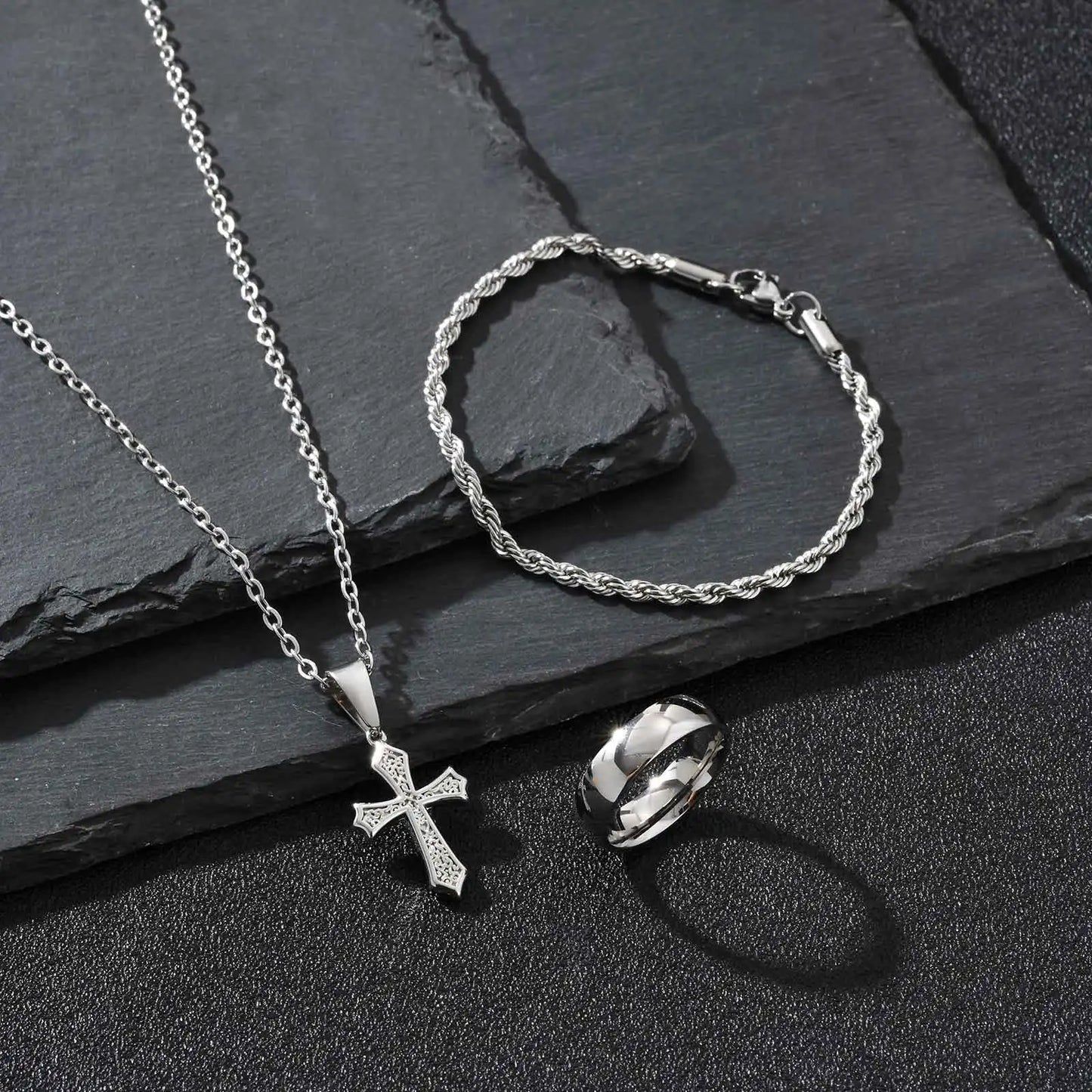 Set di Gioielli Hip Hop da Uomo 3 Pezzi, Ciondolo a Croce in Acciaio Inossidabile, Bracciale con Catena a Corda Intrecciata, Set di Gioielli Regalo per Papà, Figlio, Marito