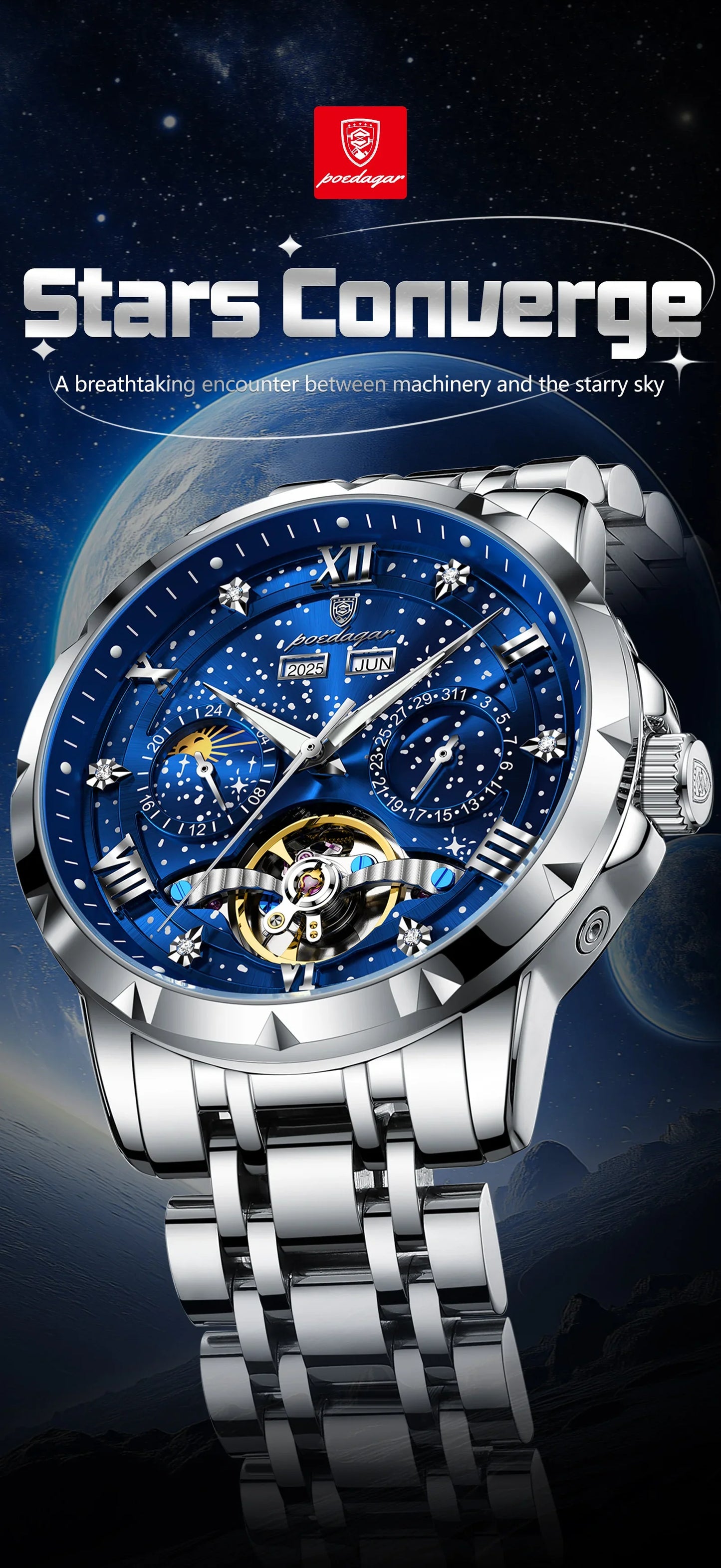 POEDAGAR Top Orologio da uomo originale Orologio meccanico automatico da uomo in acciaio inossidabile Calendario Hollow Tourbillon Orologio da uomo Maschio + scatola