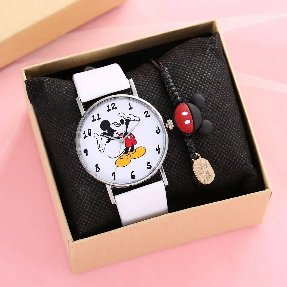 Nuovo set di braccialetti per orologi da donna Disney per bambini Confezione regalo Moda Topolino Orologi da cartone animato per bambini Bracciali da donna con scatola
