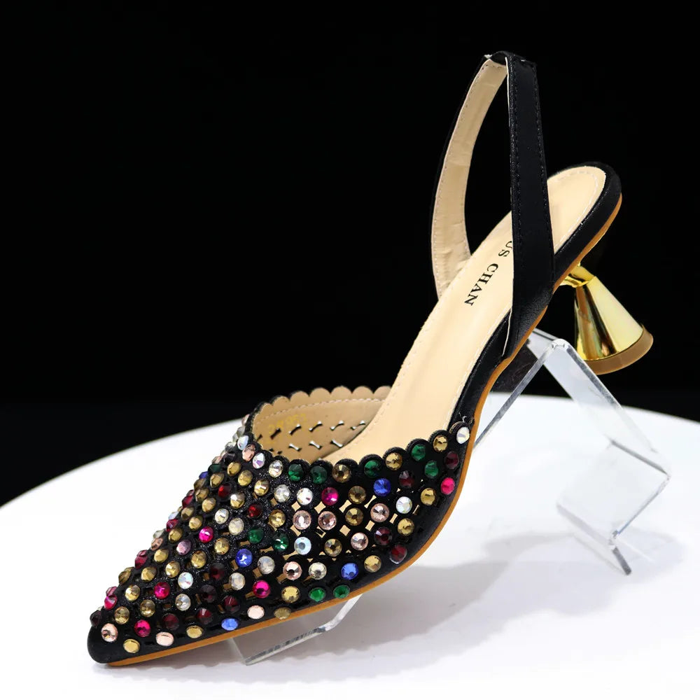 Venus Chan Pointed Toe Heels for Women 2023 Elegant Party Wine Color Full Diamond Pumps Italian Shoes and Bags Matching Set