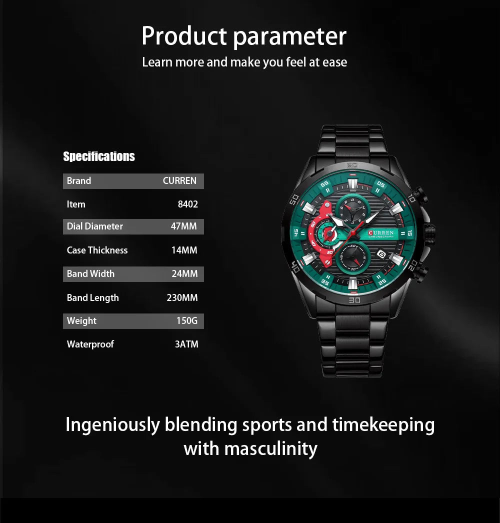 CURREN 8402 Orologio da uomo in acciaio inossidabile Moda creativa Quadrante luminoso con cronografo Orologio da uomo di lusso per il tempo libero reloj hombre