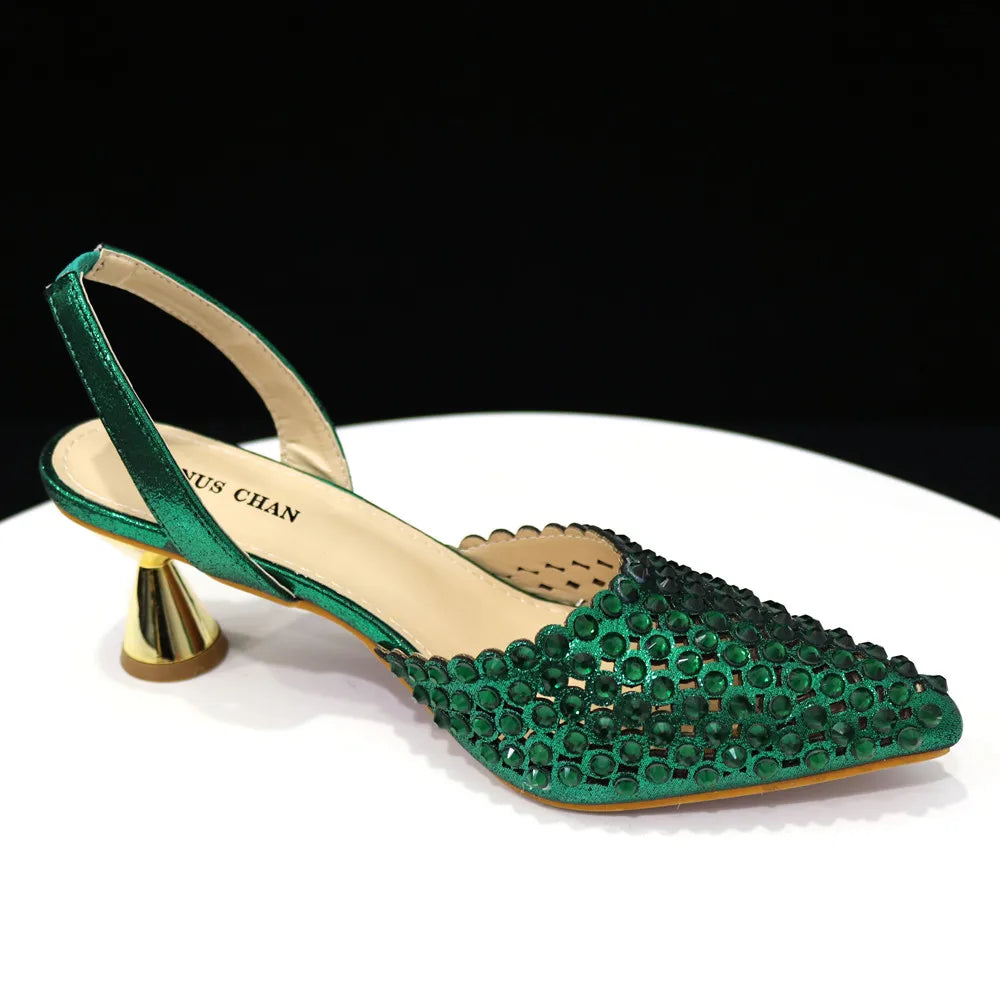 Venus Chan Pointed Toe Heels for Women 2023 Elegant Party Wine Color Full Diamond Pumps Italian Shoes and Bags Matching Set