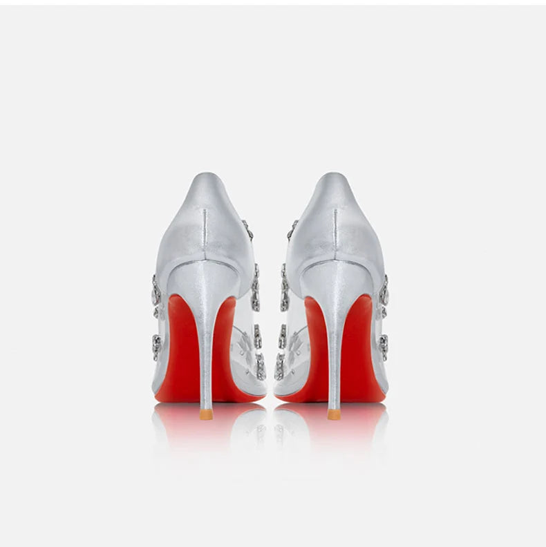 Red sole transparent pointed head sexy female stiletto high heels wedding shoes silver rhinestone crystal fairy style new 2024