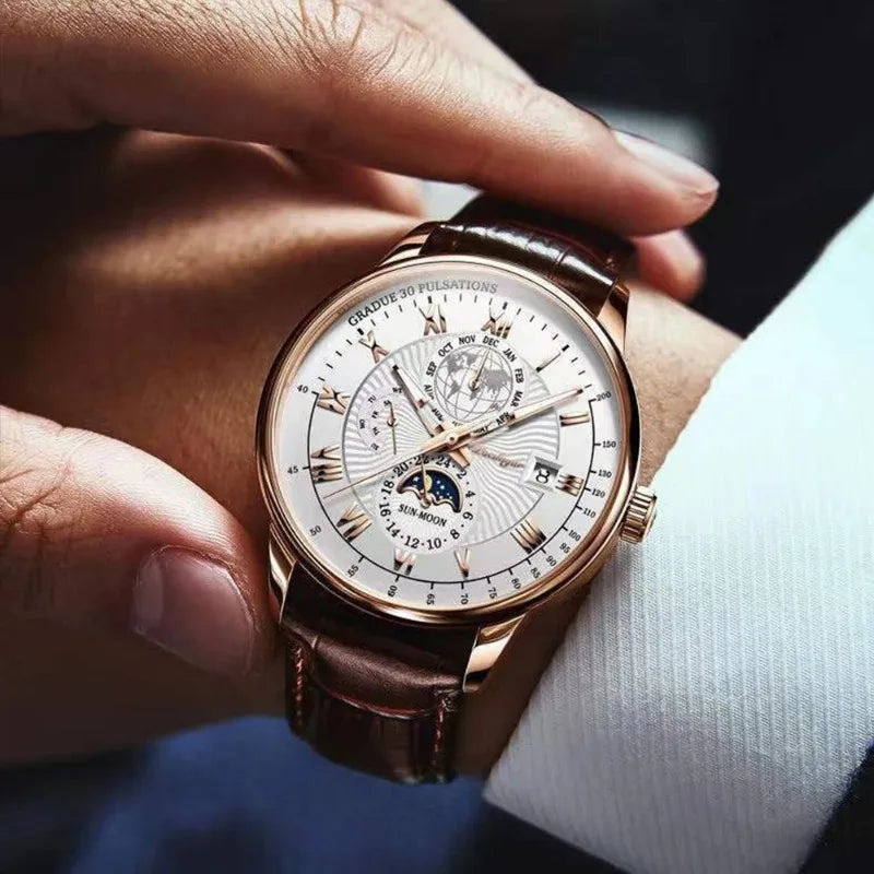 Orologio da uomo di lusso cronografo impermeabile modello fasi lunari orologio da polso da uomo luminoso in pelle orologi al quarzo da uomo orologio Casual