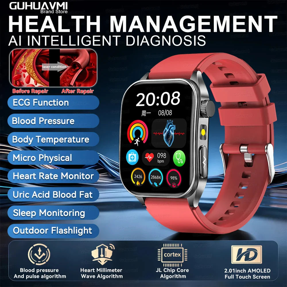 2026 Nuovo 650nm Terapia Laser Grassi nel sangue Acido urico Pressione sanguigna Smart Watch ECG + PPG Preciso Monitor di salute Smartwatch per gli uomini