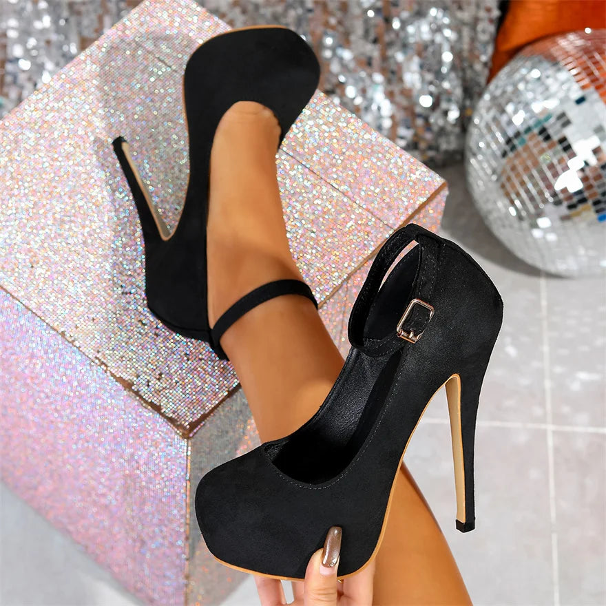 Big Size 36-47 Soft Flock Office Shoes Women Pumps 2026 Buckle Round Toe Super High Heels 14.5CM Sexy Platform Party Shoes Woman