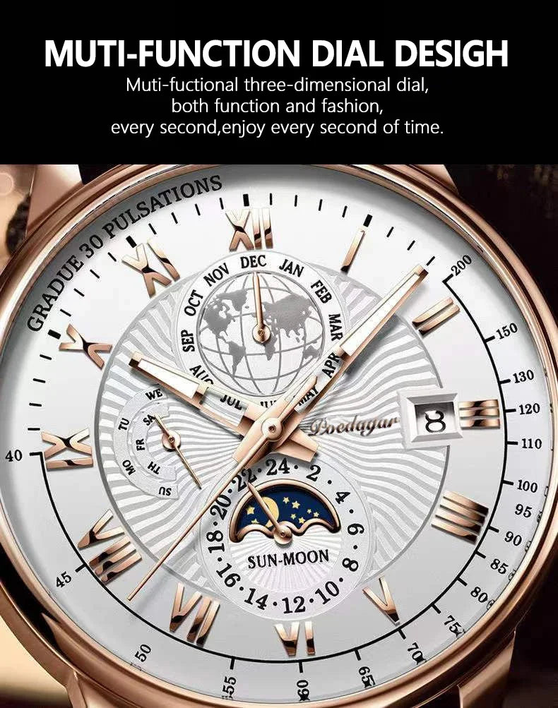 Orologio da uomo di lusso cronografo impermeabile modello fasi lunari orologio da polso da uomo luminoso in pelle orologi al quarzo da uomo orologio Casual