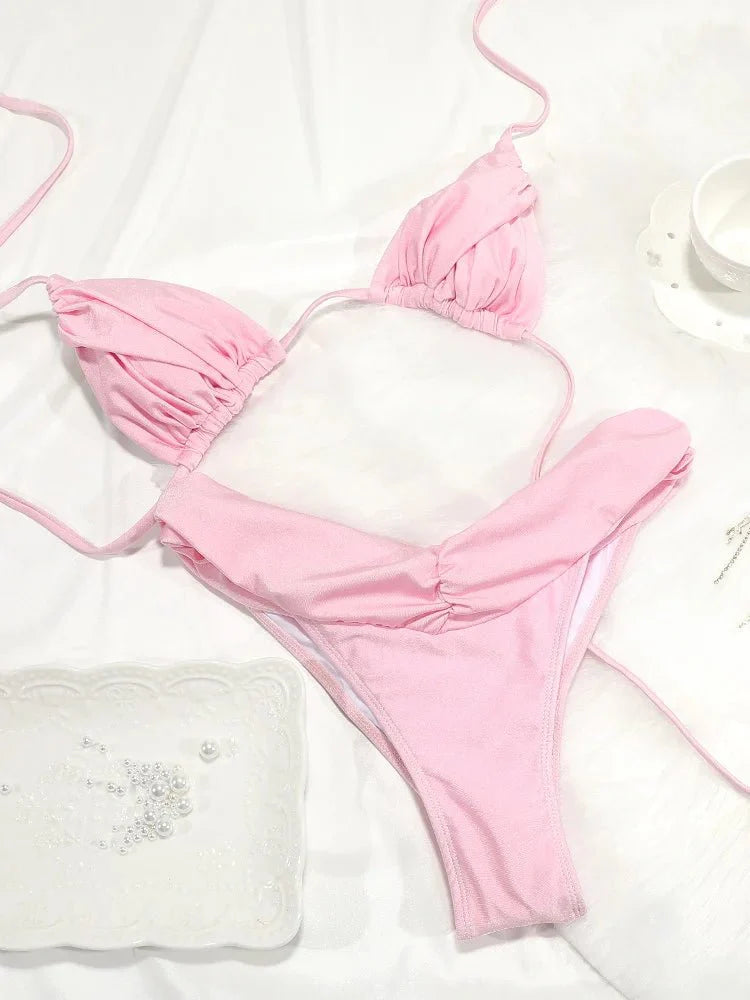 Set Bikini Sexy con Pieghe, Micro Bikini Tinta Unita, Costume da Bagno Femminile a Triangolo, Abbigliamento da Spiaggia