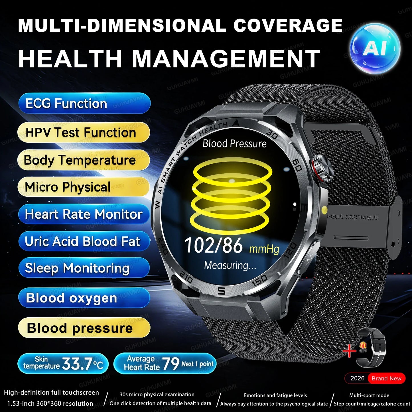 Nuovo Smartwatch 2026 con Analisi AI del Grasso Corporeo, ECG+PPG, Acido Urico, Pressione Sanguigna, Ossigeno nel Sangue, Chiamate, Schermo AMOLED per Uomini e Donne