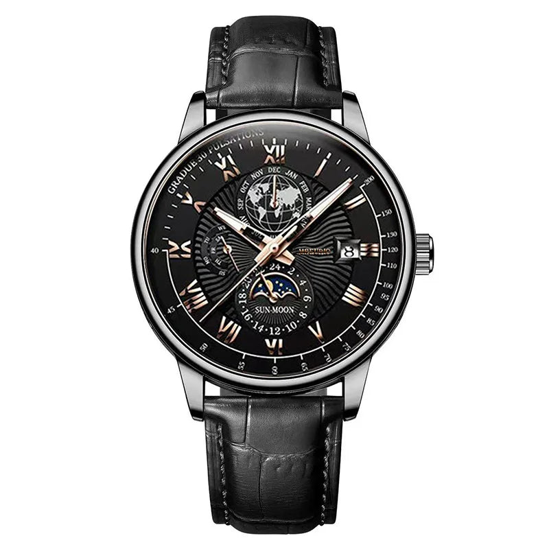 Orologio da uomo di lusso cronografo impermeabile modello fasi lunari orologio da polso da uomo luminoso in pelle orologi al quarzo da uomo orologio Casual