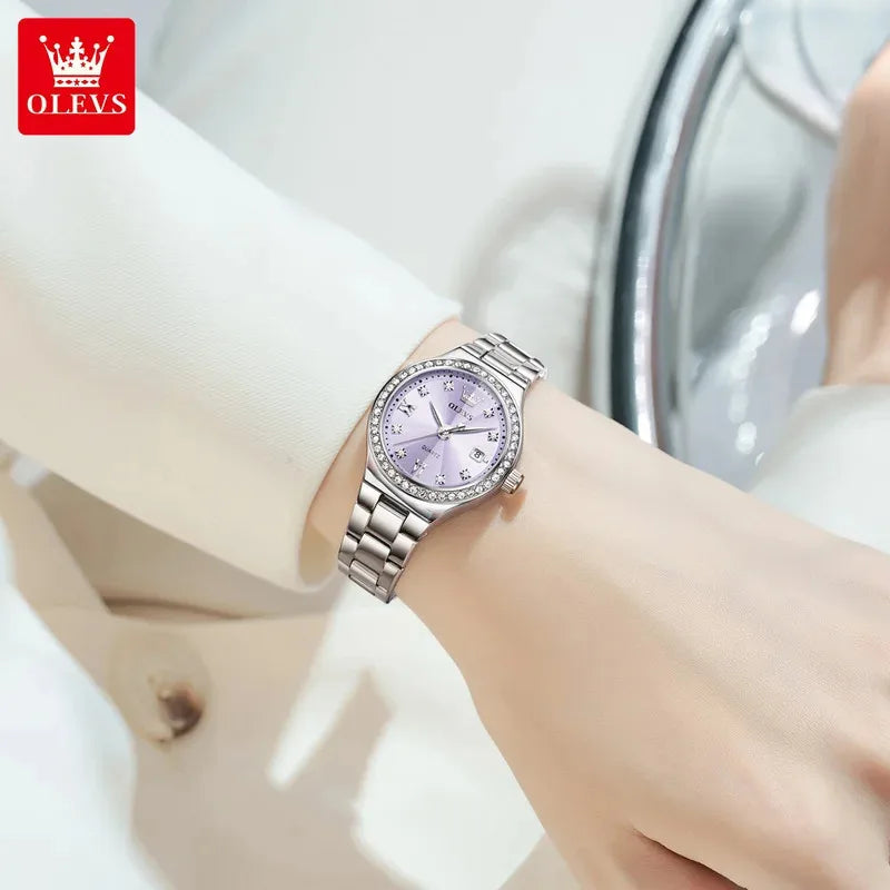 OLEVS 5628 Orologio al quarzo da donna Orologio da polso impermeabile luminoso in acciaio inossidabile con scala di diamanti e funzione data