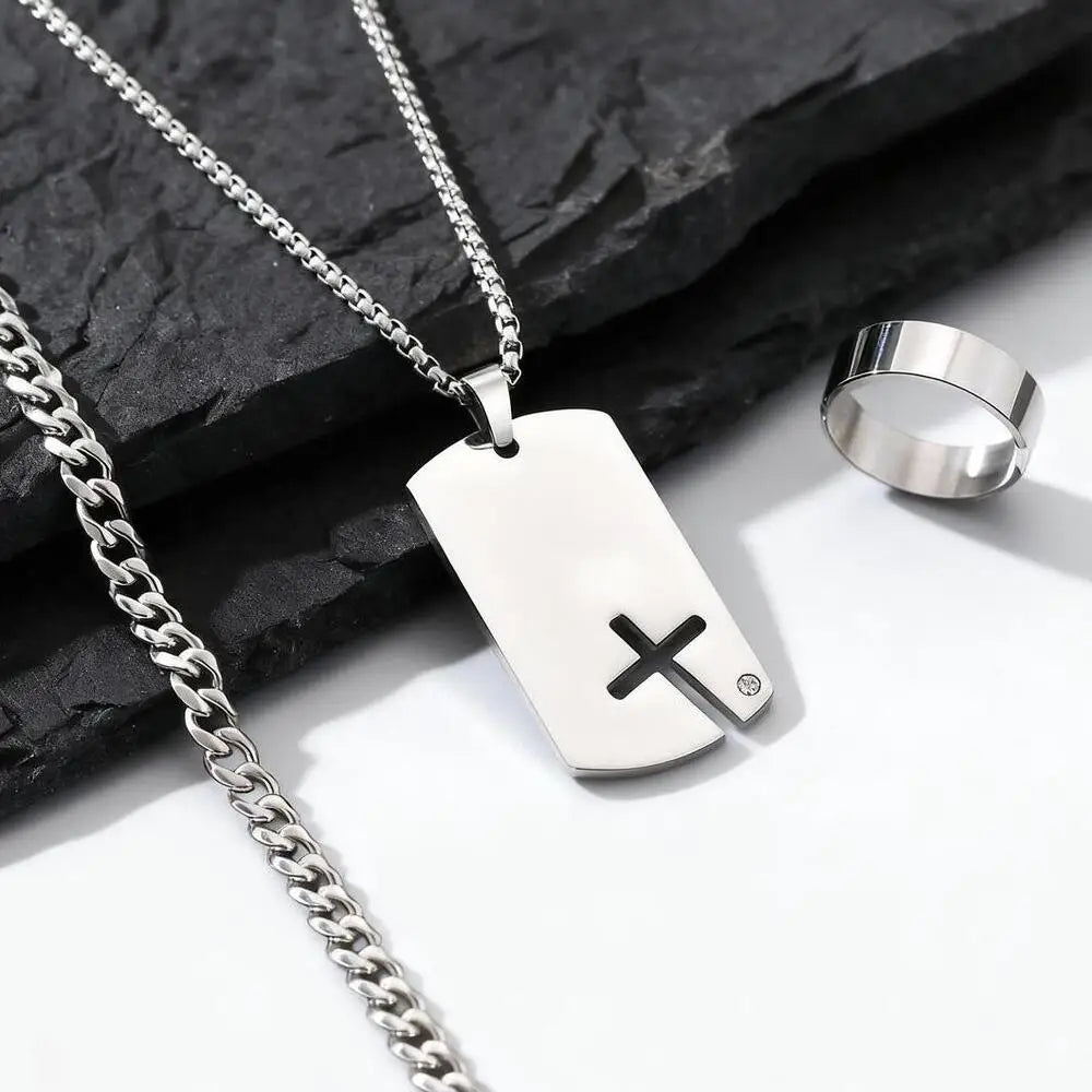 Set di 3 Pezzi: Collana Dogtag per Uomini e Ragazzi, Bracciale con Catena Cubana in Acciaio Inossidabile, Set di Anelli Impermeabili Regalo