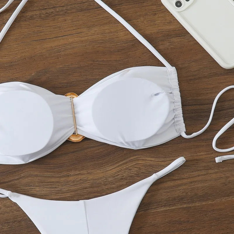 Costume da Bagno da Spiaggia alla Moda, Set Bikini a Perizoma per Donna, Sexy Costume da Bagno a Triangolo con Lacci, Due Pezzi, Stile Brasiliano, Tinta Unita