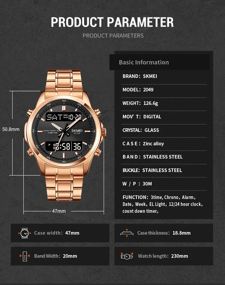 Skmei orologio da polso analogico al quarzo da uomo cinturino in acciaio inossidabile di lusso Led impermeabile digitale sportivo sveglia a tre fusi orari