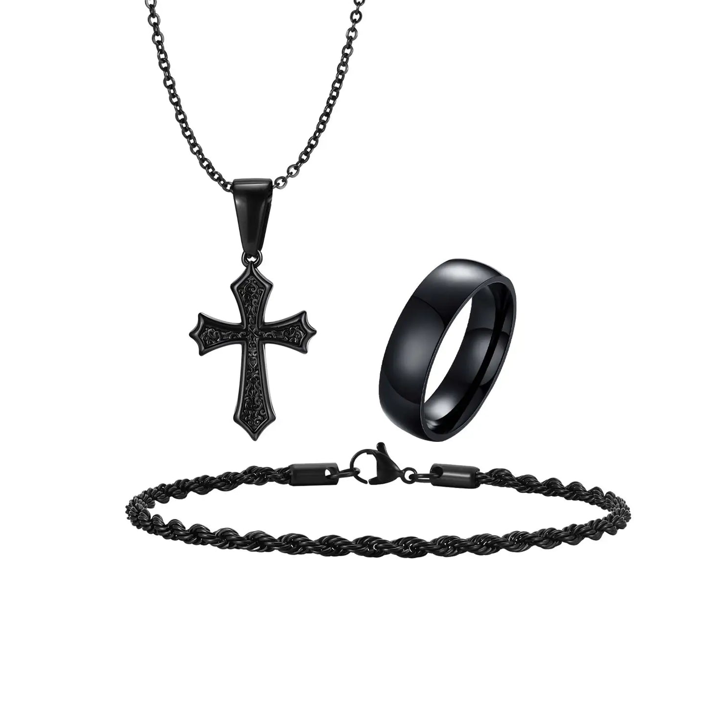 Set di Gioielli Hip Hop da Uomo 3 Pezzi, Ciondolo a Croce in Acciaio Inossidabile, Bracciale con Catena a Corda Intrecciata, Set di Gioielli Regalo per Papà, Figlio, Marito