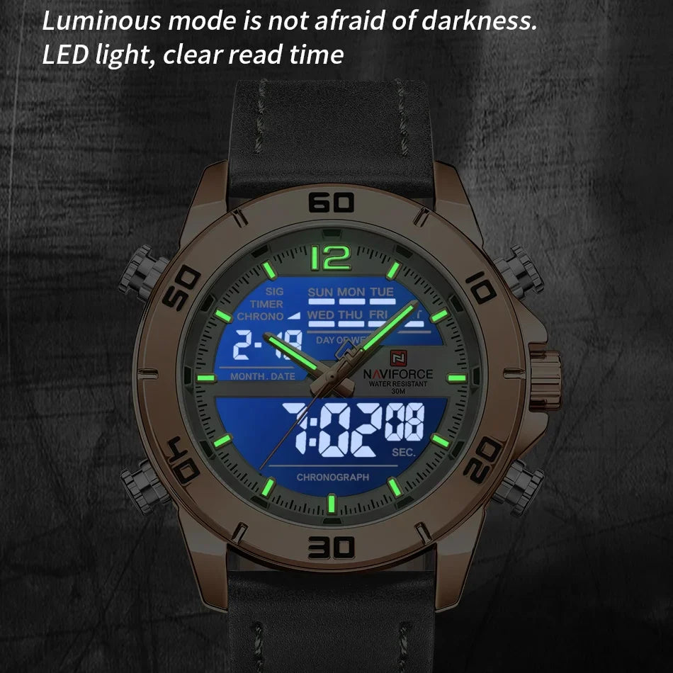 NAVIFORCE Orologio alla moda da uomo con cinturino in vera pelle Movimento al quarzo resistente all'acqua 30M Display luminoso con giorno e data F