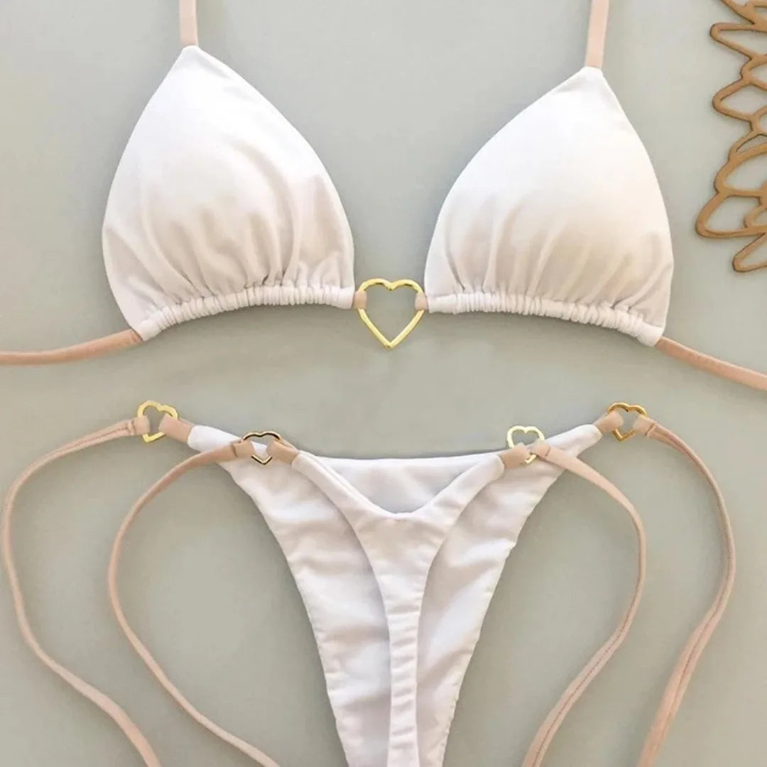 Nuovo costume da donna bikini bianco tinta unita costume da bagno alla moda con lacci a vita bassa set da due pezzi