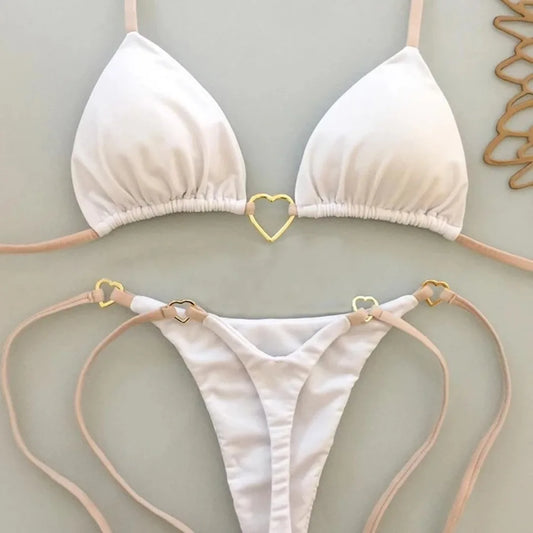 Nuovo costume da donna bikini bianco tinta unita costume da bagno alla moda con lacci a vita bassa set da due pezzi