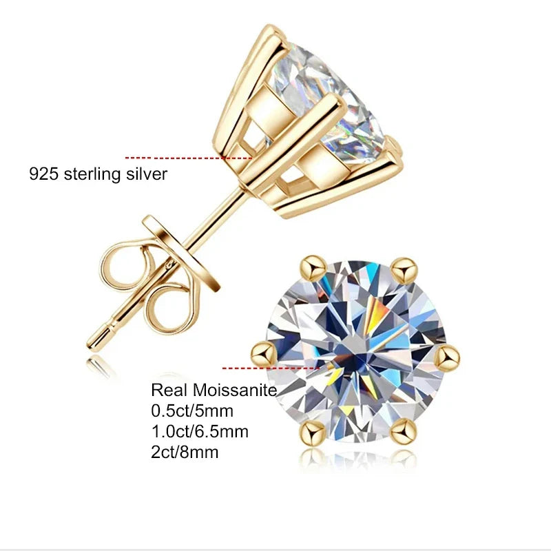 Orecchini a lobo QMSHR con moissanite da 0,5-2 carati, placcati oro giallo 18K, in argento 925, per matrimonio, gioielli da donna e uomo con certificato GRA