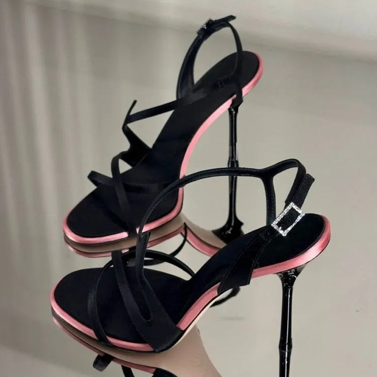 Satin Color Block Stiletto Fashionable High Heels with One Belt 2026 New Summer Sexy Temperament Versatile Sandals
