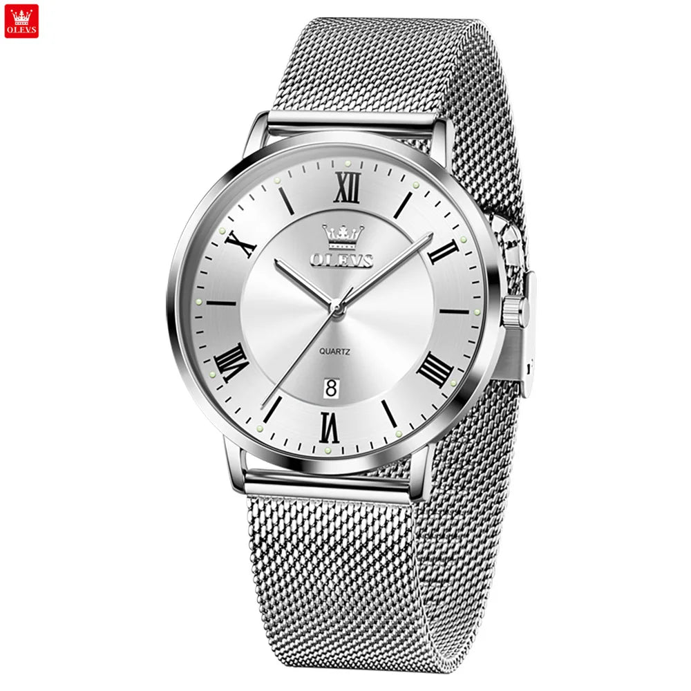 OLEVS 5623 Orologio al quarzo da uomo con quadrante minimalista con numeri romani, cinturino in maglia milanese, lancette luminose, datario, resistente all'acqua fino a 30 m
