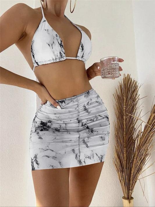 3 pezzi perizoma Bikini con gonna marmo texture costume da bagno donna costume da bagno Set costumi da bagno femminili abbigliamento da spiaggia nuoto estate