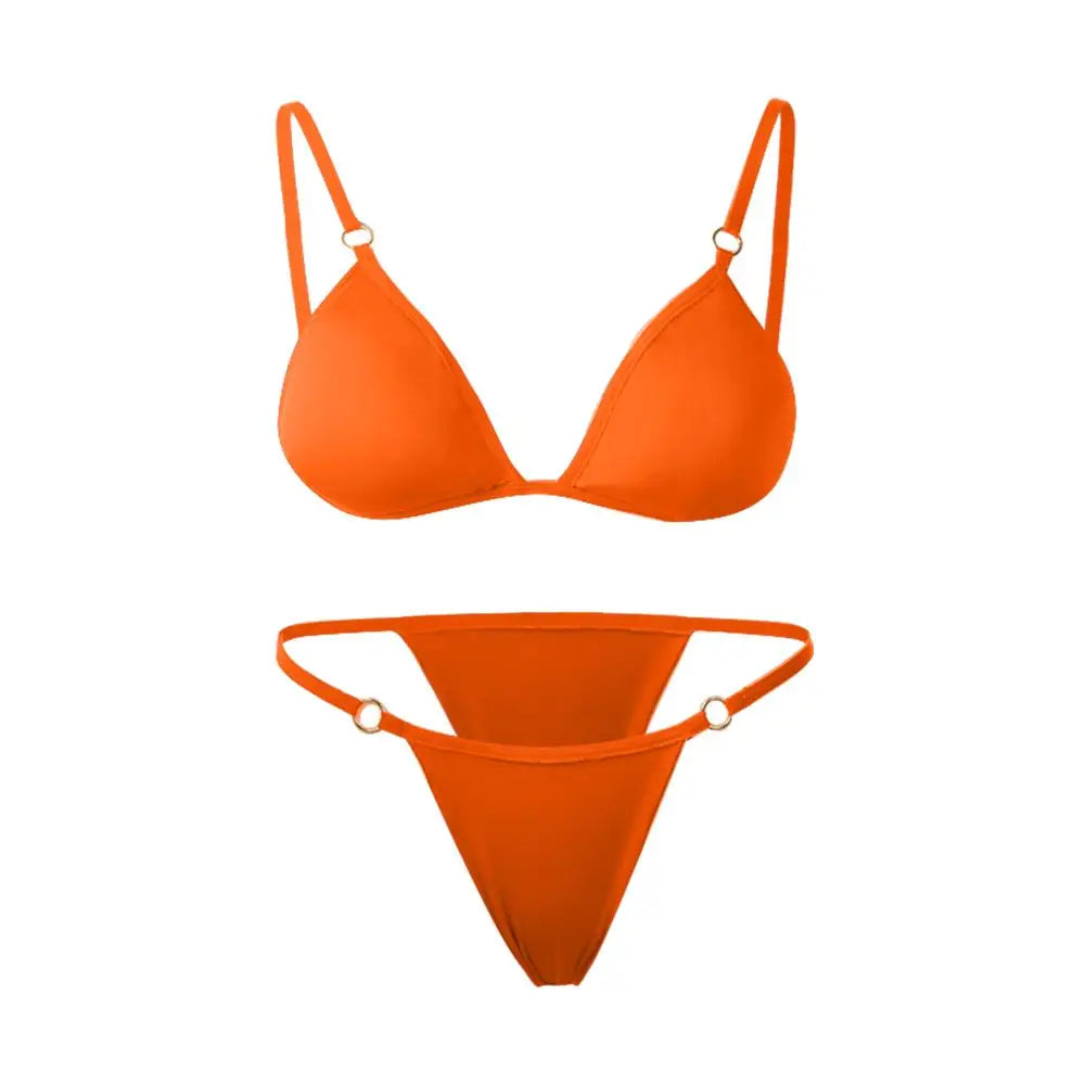 Costume da bagno bikini sexy da donna in tinta unita con fibbia in metallo decorato con costumi da bagno brasiliani per vacanze al mare