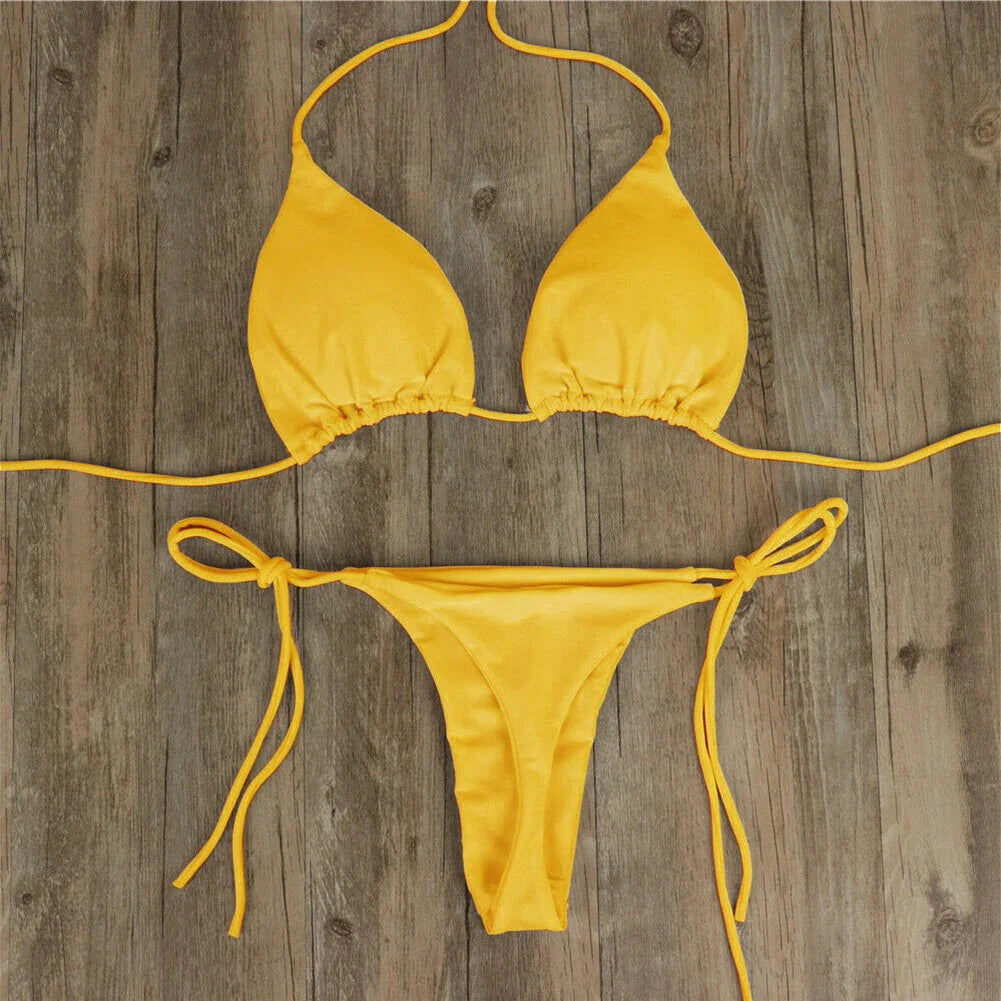 Set bikini sexy perizoma da donna Costume da bagno laterale stile fasciatura Costume da bagno brasiliano con cinturino diviso Set costume da bagno femminile solido regolabile