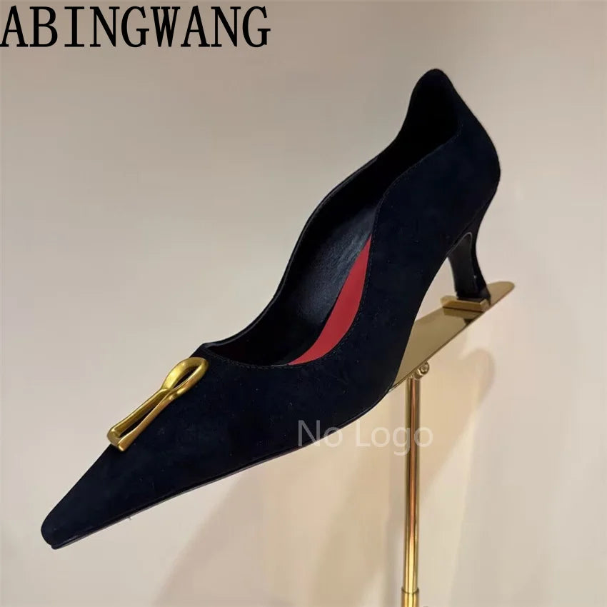 High Quality Leather Thin Heel Pumps Slip On Pointed Toe Suede Metal Shoes Women Sexy Party Sandals For Women Mujer