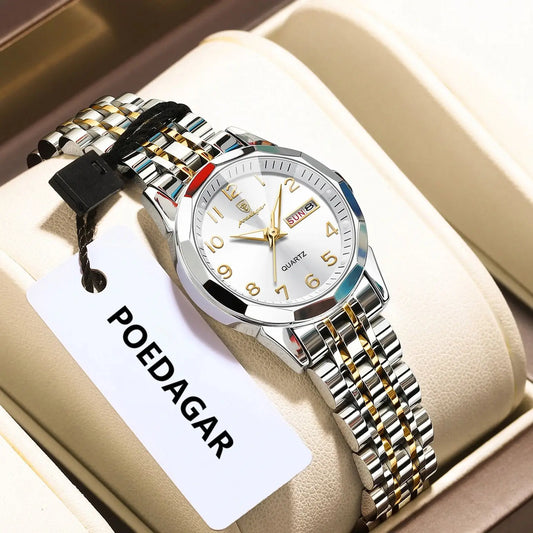 POEDAGAR elegante orologio da polso da donna al quarzo impermeabile luminoso data settimana orologio da donna orologi da donna casual in acciaio inossidabile reloj