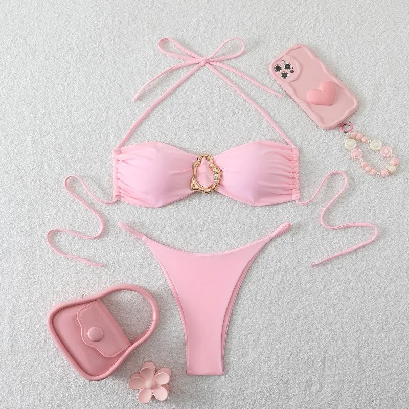 Costume da Bagno da Spiaggia alla Moda, Set Bikini a Perizoma per Donna, Sexy Costume da Bagno a Triangolo con Lacci, Due Pezzi, Stile Brasiliano, Tinta Unita