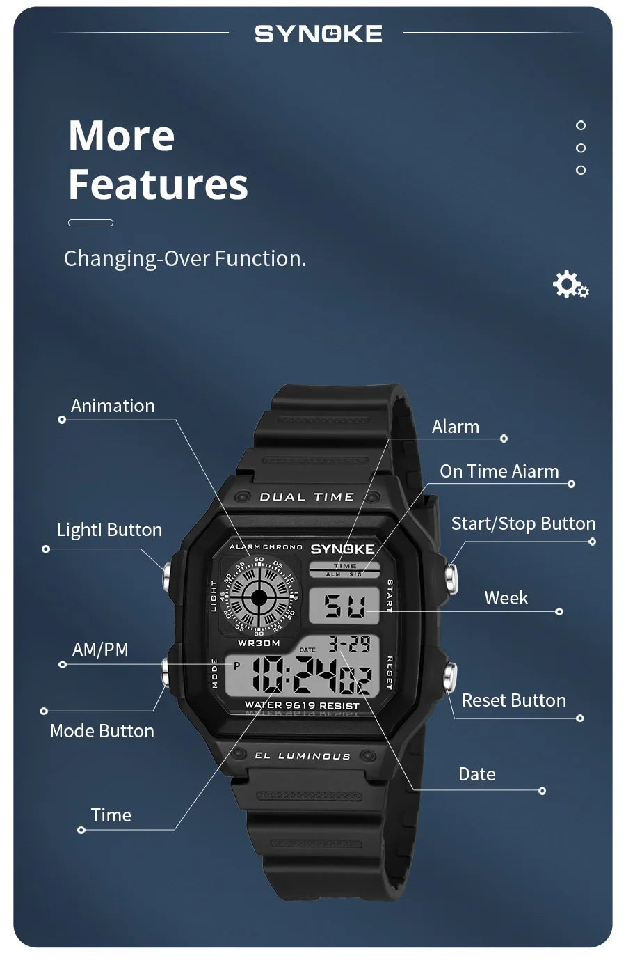 SYNOKE Military Digital Watches Men Sports cronografo luminoso impermeabile maschile orologi da polso elettronici Relogio Masculino